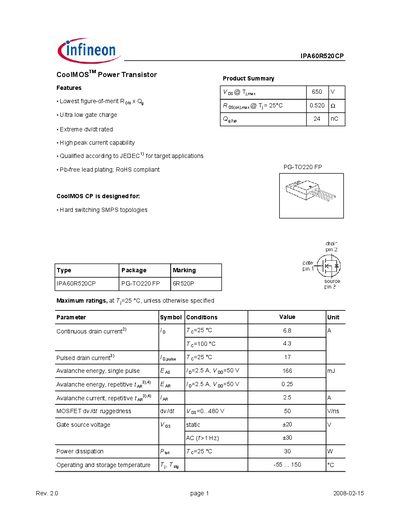 Infineon IPA60R520CP Datasheet - cover page