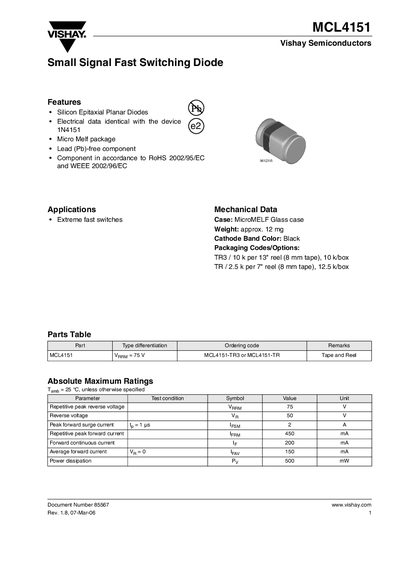 Vishay MCL4151 Small Signal Fast Switching Diode Datasheet - cover page