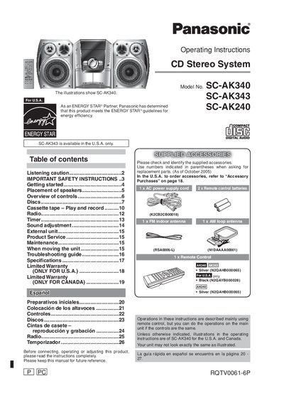 Panasonic SC-AK340/SC-AK343/SC-AK240 CD Stereo System Operating Instructions - cover page