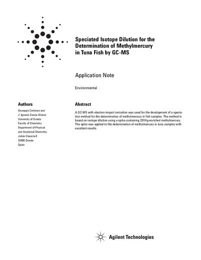 Agilent GC-MS Application Note for Methylmercury Determination in Tuna Fish - cover page