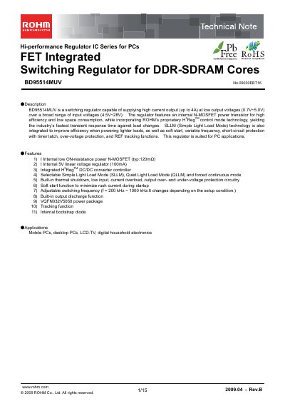ROHM BD95514MUV Switching Regulator Technical Note - cover page