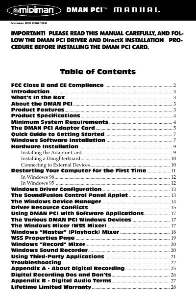 midiman DMAN PCI Version PCI 052199 User Guide - cover page