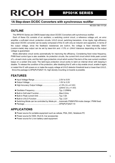 Ricoh RP501K Series Step-down DC/DC Converter Datasheet
