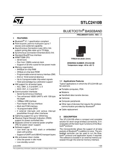 STMicroelectronics STLC2410B Bluetooth Baseband Datasheet - cover page