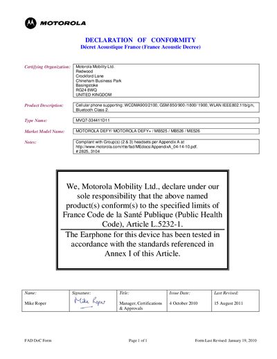Motorola MVQ7-334411D11 Declaration of Conformity - cover page