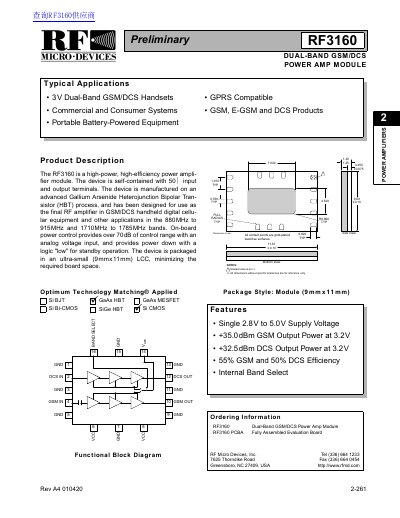 RF Micro Devices RF3160 Dual-Band GSM/DCS Power Amplifier Module Datasheet - cover page