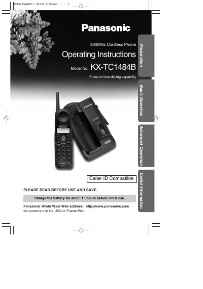 Panasonic KX-TC1484B Cordless Phone Operating Instructions