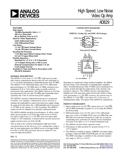 Analog Devices AD829 High Speed Low Noise Video Op Amp Datasheet - cover page