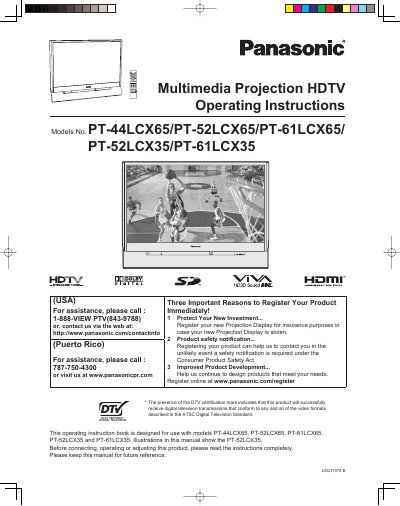 Panasonic PT-44LCX65/PT-52LCX65/PT-61LCX65/PT-52LCX35/PT-61LCX35 Multimedia Projection HDTV Operating Instructions - cover page