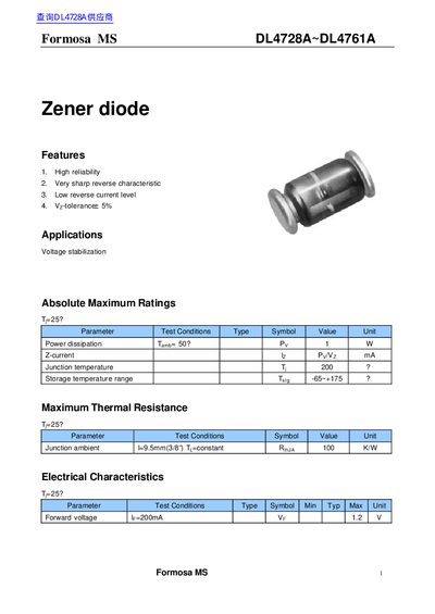 Formosa MS DL4728A~DL4761A Zener Diode Datasheet - cover page