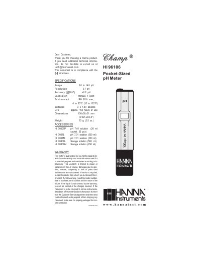 Hanna Instruments HI 96106 Pocket-Sized pH Meter Instruction Manual - cover page