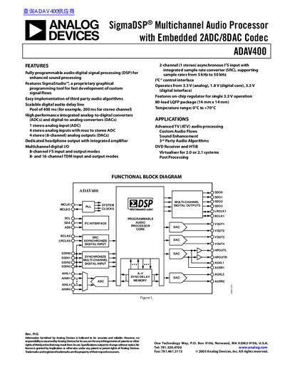 ANALOG DEVICES ADAV400 SigmaDSP Multichannel Audio Processor with Embedded 2ADC/8DAC Codec handbook