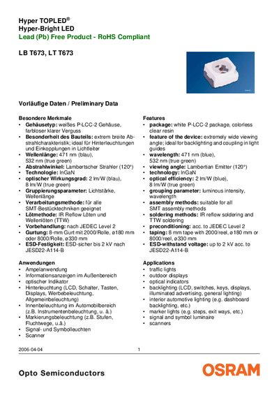 OSRAM LB T673 / LT T673 Hyper TOPLED Hyper-Bright LED Lead-Free RoHS Compliant Data Sheet - cover page