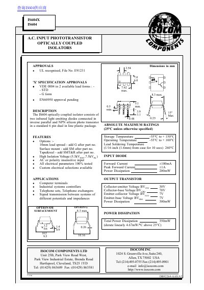 ISOCOM A.C. INPUT PHOTOTRANSISTOR OPTICALLY COUPLED ISOLATORS IS604X IS604 Manual - cover page