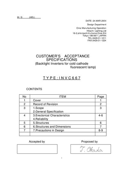 Hitachi INVC667 Backlight Inverter Customer Acceptance Specifications - cover page