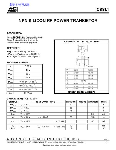 ASI CBSL1 NPN Silicon RF Power Transistor Datasheet - cover page