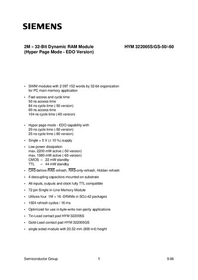 Siemens HYM 322005S/GS-50/-60 EDO DRAM Module Datasheet - cover page