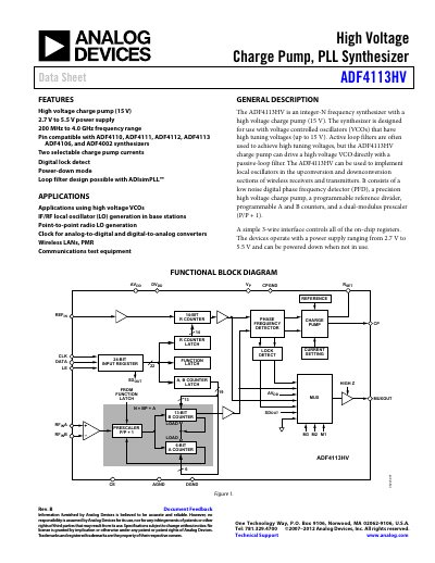 Analog Devices ADF4113HV High Voltage Charge Pump PLL Synthesizer Data Sheet