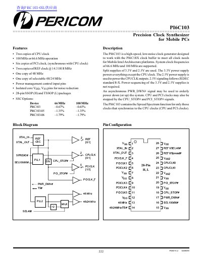 Pericom PI6C103 Precision Clock Synthesizer Datasheet