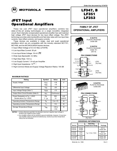 Motorola LF347/LF351/LF353 JFET Input Operational Amplifiers Datasheet - cover page