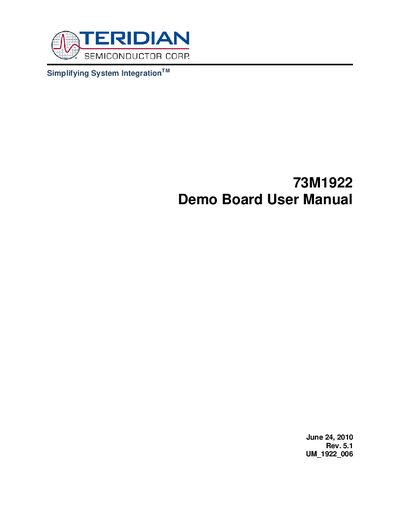 Teridian 73M1922 Demo Board User Manual - cover page