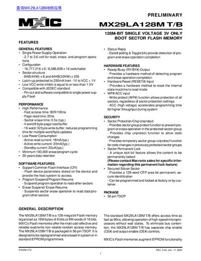 MXIC MX29LA128MT/B 128-Mbit Flash Memory Datasheet - cover page