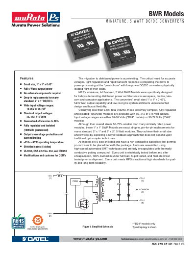 Murata BWR 5W DC/DC Converter Datasheet - cover page