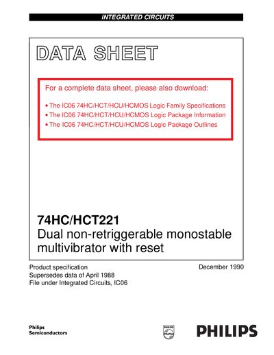 Philips 74HC/HCT221 Dual Non-retriggerable Monostable Multivibrator Datasheet - cover page