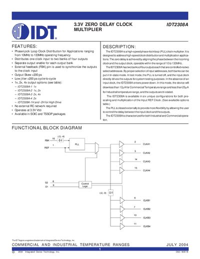 IDT IDT2308A Zero Delay Clock Multiplier Datasheet - cover page