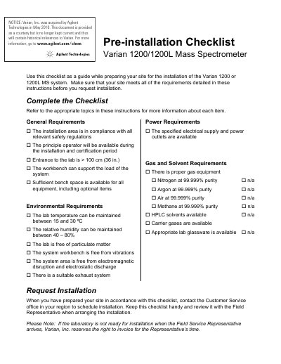 Varian 1200/1200L Mass Spectrometer Pre-installation Instructions - cover page