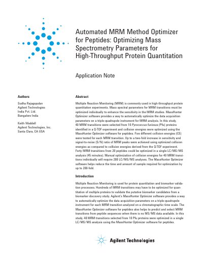 Agilent MassHunter Optimizer Application Note for Peptides - cover page