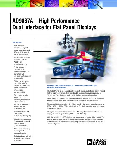 Analog Devices AD9887A High Performance Dual Interface Datasheet