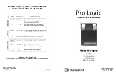 HAYWARD Mode d emploi du mod&egrave;le PL-PS-4-CUL PL-PS-8-CUL PL-PS-16-CUL