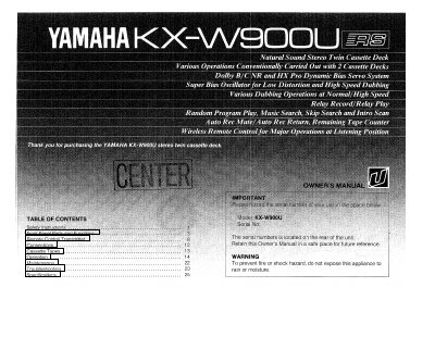 Yamaha KX-W900U Stereo Twin Cassette Deck Owner's Manual - cover page