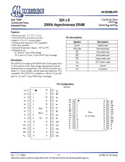 GSI TECHNOLOGY GS70328SJ/TS 32K x 8 256Kb Asynchronous SRAM - cover page
