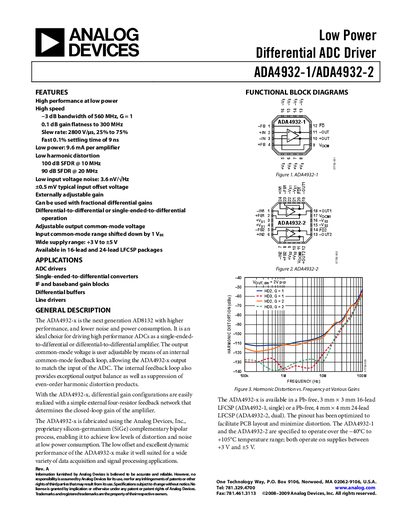 Analog Devices ADA4932-1/ADA4932-2 Low Power Differential ADC Driver Datasheet - cover page