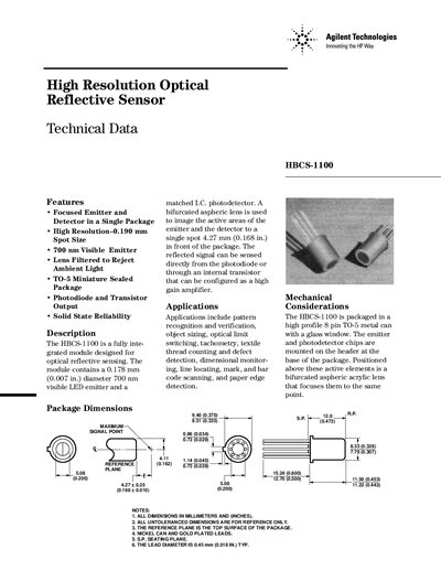 Agilent HBCS-1100 High Resolution Optical Reflective Sensor Datasheet - cover page