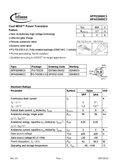Infineon SPP02N80C3/SPA02N80C3 Power MOSFET Datasheet - cover page