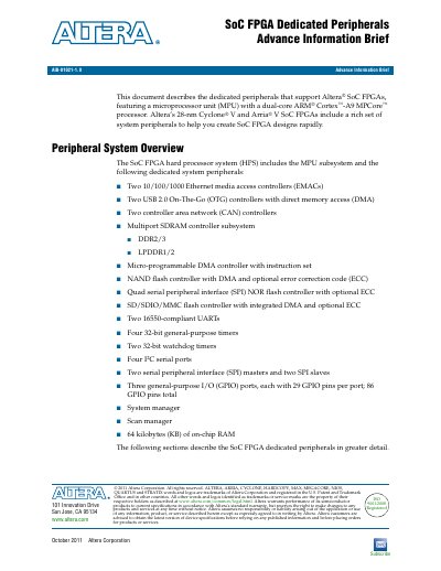 Altera SoC FPGA Dedicated Peripherals Advance Information Brief - cover page