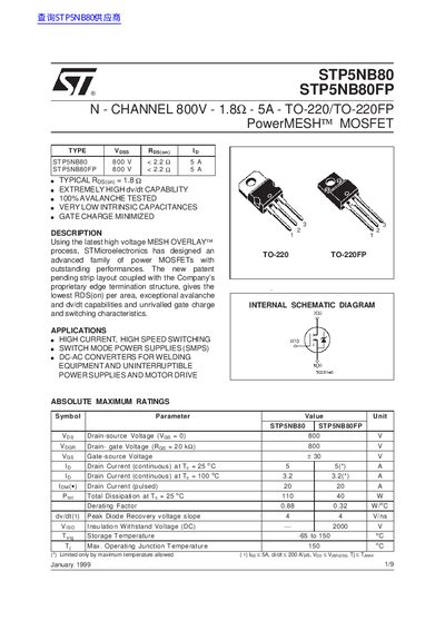 ST STP5NB80 STP5NB80FP N - CHANNEL 800V - 1.8 - 5A - TO-220/TO-220FP PowerMESH MOSFET Manual - cover page