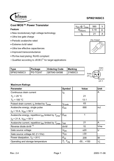 Infineon SPW21N50C3 Datasheet - cover page