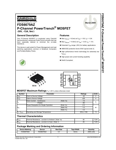 Fairchild Semiconductor FDS6679AZ P-Channel MOSFET Datasheet - cover page