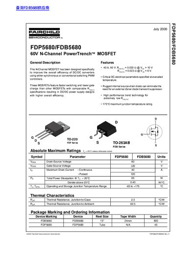 Fairchild FDP5680/FDB5680 Power Transistor Datasheet - cover page