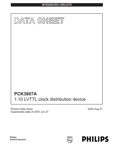 Philips Semiconductors PCK3807A 1:10 LVTTL Clock Distribution Device Datasheet - cover page