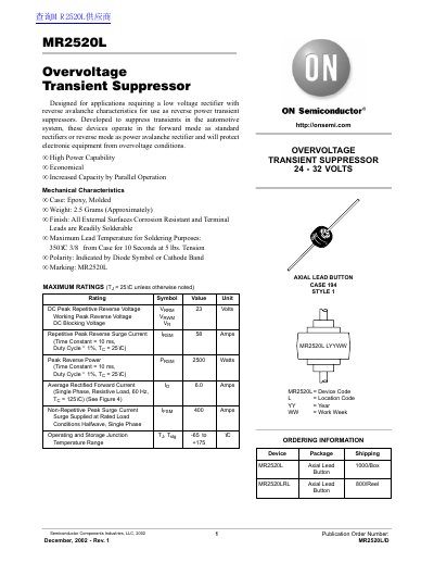 ON Semiconductor MR2520L Overvoltage Transient Suppressor Datasheet - cover page