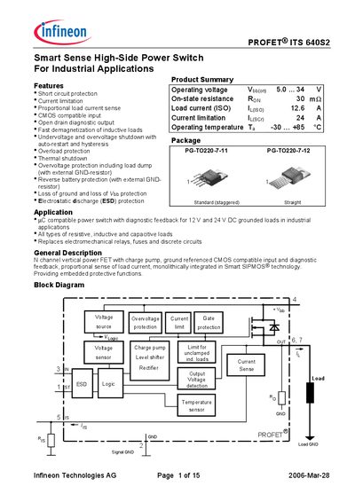 Infineon ITS640S2 Smart Sense High‑Side Power Switch Datasheet - cover page