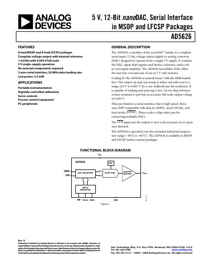 Analog Devices AD5626 12‑Bit nanoDAC Datasheet