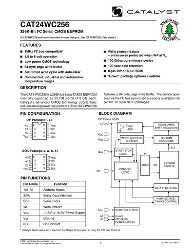 Catalyst CAT24WC256 256K‑Bit I²C Serial CMOS EEPROM Datasheet - cover page