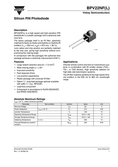 Vishay BPV22NF(L) Silicon PIN Photodiode Datasheet - cover page
