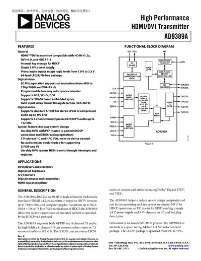 Analog Devices AD9389A HDMI/DVI Transmitter Datasheet - cover page